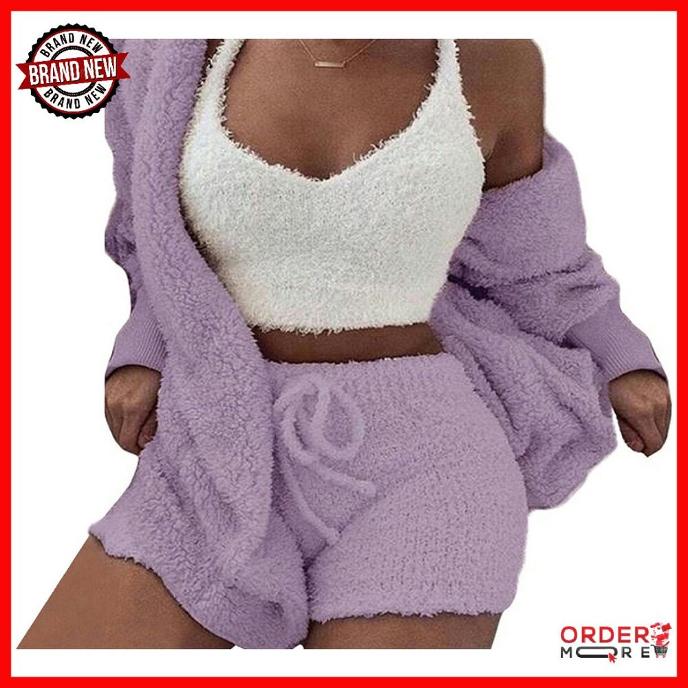 Fuzzy Fleece Hooded Cardigan Crop Top Shorts Set 3-Piece Loungewear